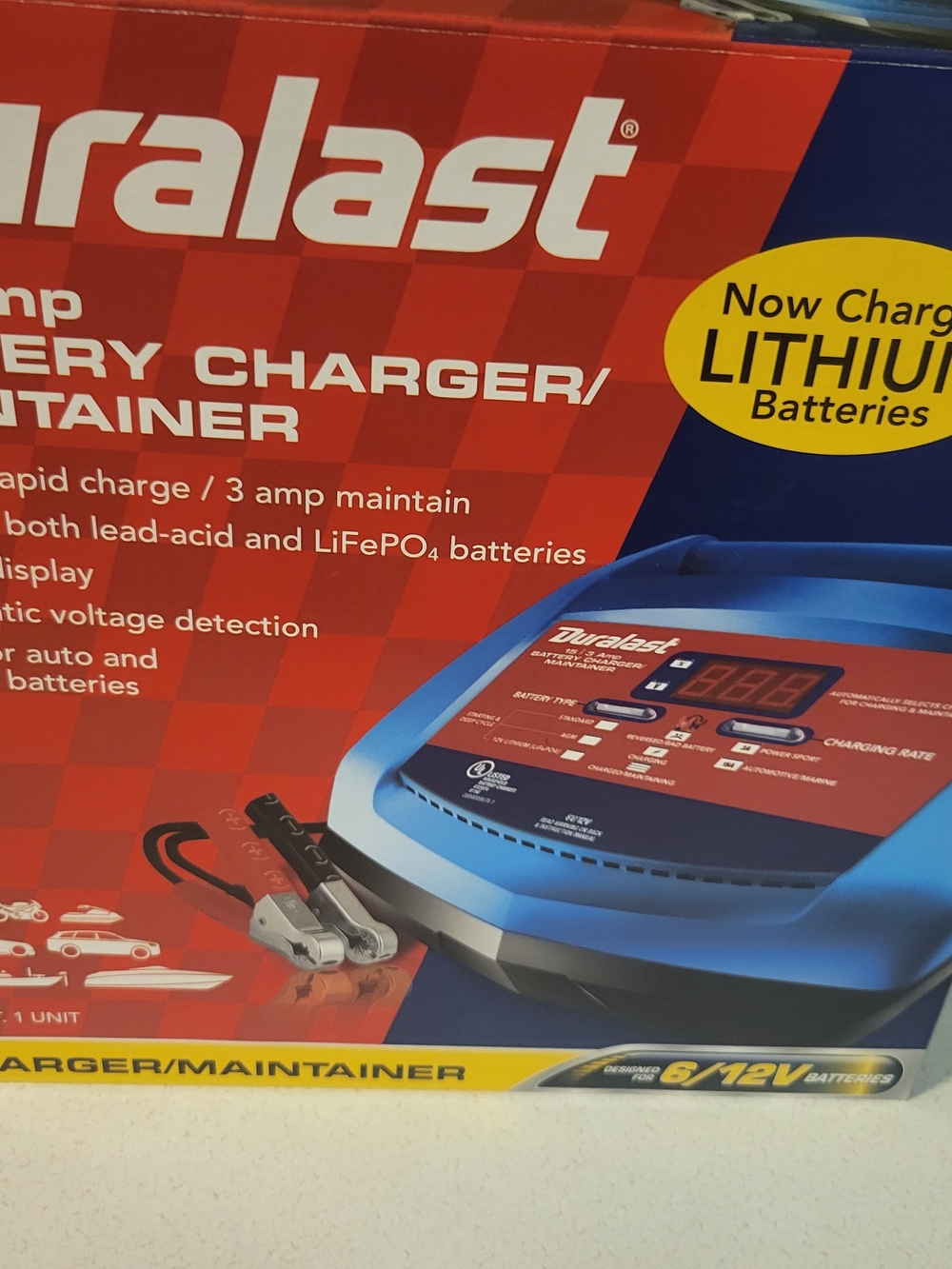Duralast DL-15D Battery Charger, Maintainer 15 Amp Lithium New (open box)